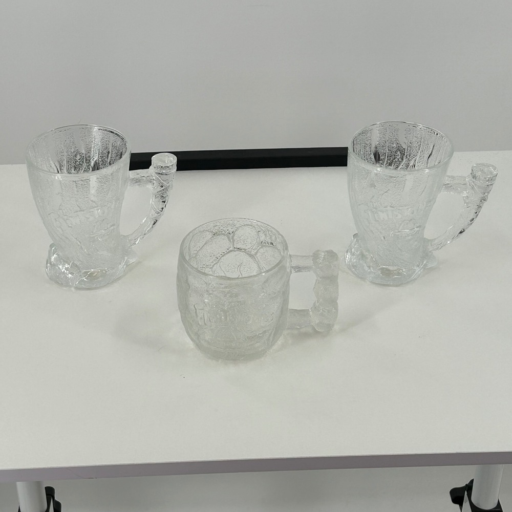 Vintage 1994 McDonalds Flintstones Glass Mugs Set of 3 RocDonalds Clear Textured